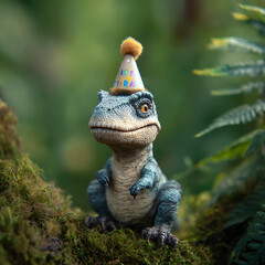 Cute baby dinosaur wearing a party hat in a natural forest setting