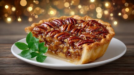 Traditional pecan pie on rustic table, cozy dessert with buttery crust, homemade slice with warm brown tone, delicious Thanksgiving treat for family dinner or cafe menu with bokeh background.