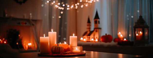 Obraz premium Cozy autumn setting with pumpkins, candles, and coffee cup creating seasonal ambiance in a stylish home interior for relaxing moments