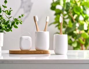 Modern Bathroom Essentials Bamboo Toothbrushes, Dental Floss, and Ceramic Holders