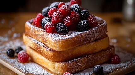 Stacked French Toast Topped with Fresh Berries and Powdered Sugar