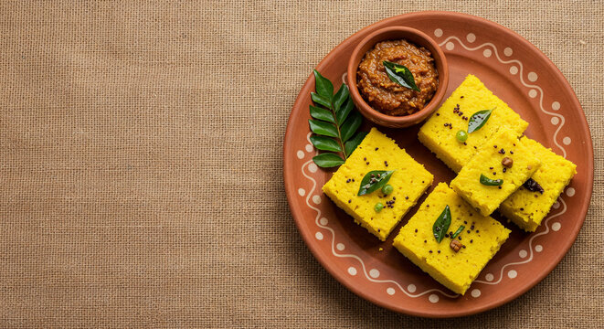 Homemade Khaman Dhokla, a popular vegetarian Indian snack, served in a traditional terracotta plate with chutney