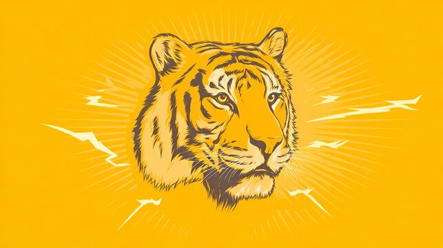 A yellow banner with the International Tiger Day and an illustration of a tiger's head on it, surrounded by lightning bolts. The background is orange to give depth and focus. This design would be suit