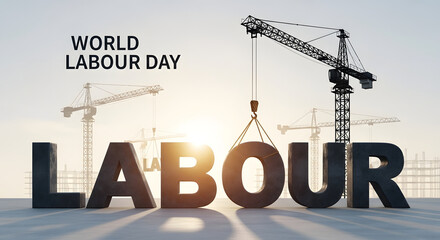 World Labour Day with Construction Crane at Sunrise
