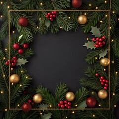 Festive christmas wreath with red berries and golden baubles framing a dark background