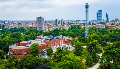 Aerial view of Arco della Pace in Milan, Italy