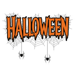 Halloween typography with intricate spider webs background and dangling black spiders orange lettering isolated on a transparent background