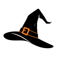 Black witch hat with orange buckle belt classic pointed halloween costume accessory design isolated on a transparent background