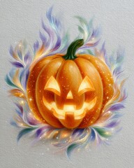 Grinning halloween pumpkin with sinister glow, spooky autumn decoration with mysterious elegance, ghostly atmosphere for october celebration.