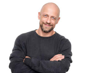 Smiling bald man with crossed arms isolated on transparent background