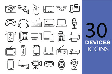 Devices Icons Set – Electronic Gadgets and Tech Device Line Vector Collection