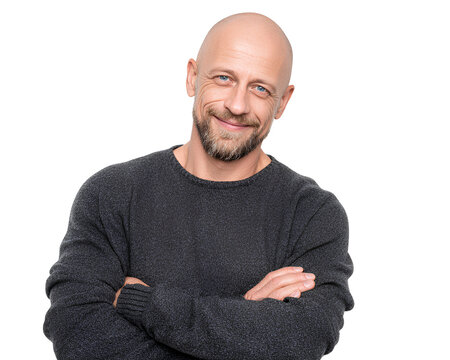 Smiling bald man with crossed arms isolated on transparent background