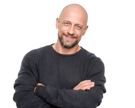 Smiling bald man with crossed arms isolated on transparent background