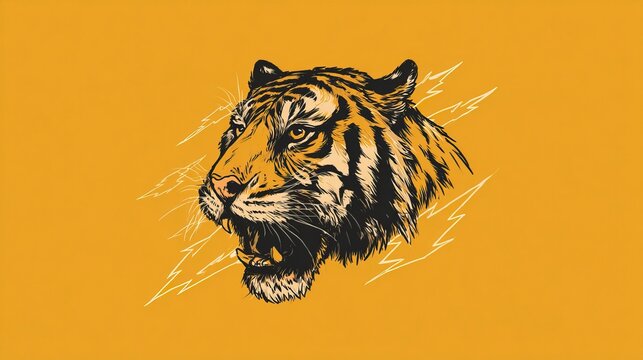 A yellow banner with the International Tiger Day and an illustration of a tiger's head on it, surrounded by lightning bolts. The background is orange to give depth and focus. This design would be suit - Powered by Adobe
