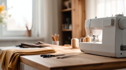 Sewing machine on a wooden table with fabric, scissors, and spools, in a bright room