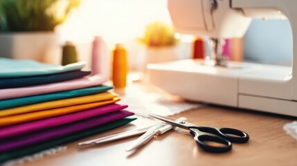 Colorful fabrics and sewing tools arranged on a table with a sewing machine in soft sunlight