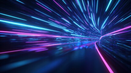 Vibrant photo of 3d render, abstract neon background, space tunnel turning to left, ultra violet rays, glowing lines, virtual reality jump, speed of light, space and time.