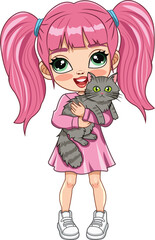 Cute Anime Girl Holding a Cat