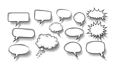 Variety of comic speech bubbles with halftone shadows 