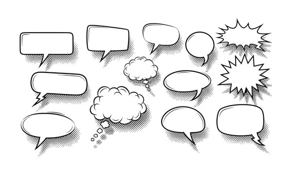 Variety of comic speech bubbles with halftone shadows 