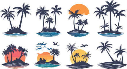 Tropical Island Silhouettes with Palm Trees and Sunsets for Summer Vacation