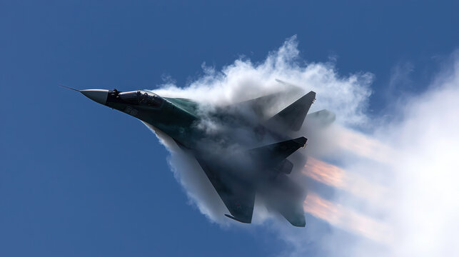 Military Fighter Jet Performing Aerobatic Maneuvers in Blue Sky
