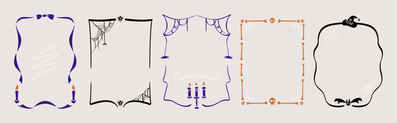Set of hand drawn doodle Halloween frames. Coquette ribbon, candles, spiderwebs, skull and bones border, witch mirror. Spooky vector graphic decoration for greeting cards, party invitations.