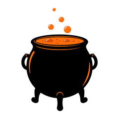 Black witch cauldron with orange bubbling potion magical brew pot halloween witchcraft isolated on a transparent background
