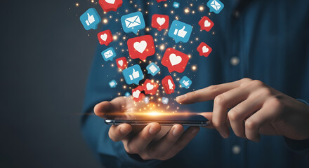 Person interacts with a smartphone, generating a vibrant stream of social media notifications and likes.