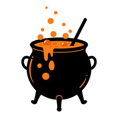 Black witch cauldron with stirring spoon orange bubbling potion splashing brew halloween magic pot isolated on a transparent background