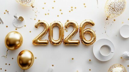 Golden balloons shaped as 2026 on a white new with confetti, balloons, and a cup of coffee, background the celebrating year