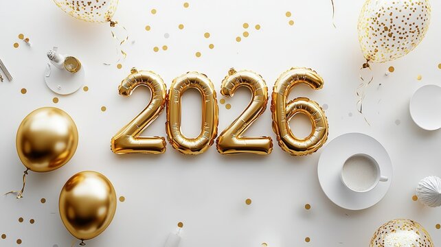 Golden balloons shaped as 2026 on a white new with confetti, balloons, and a cup of coffee, background the celebrating year - Powered by Adobe