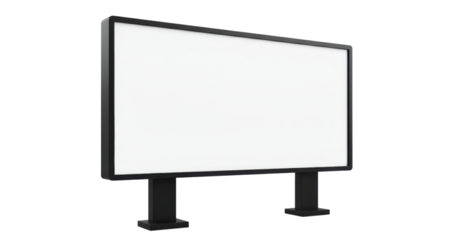 Empty rectangular billboard with sleek black frame and two slender black poles, isolated on a pristine transparent seamless plain with clean background, ultra-realistic studio shot, precise 3/4 view.