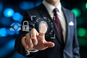 Business Hand Scanning Fingerprint on Digital Glass Interface with Glowing Padlock and Cyber Code

