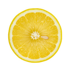 A round cross-section of a fresh lemon, vibrant yellow peel, juicy segments, translucent pulp, thin white pith, on transparent background, bright studio light. UHD macro photography concept of
