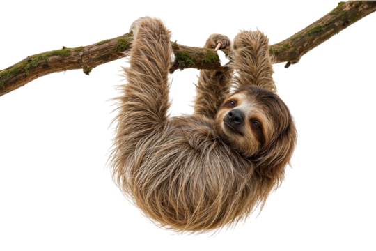 A relaxed sloth smiles gently while clinging to a mossy tree branch looking down with on transparent background