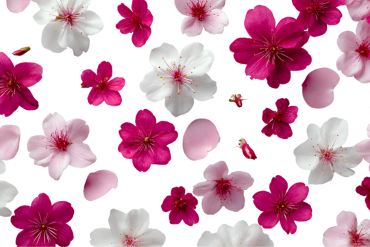 Colorful Cherry Blossom Flowers and Petals Pattern Isolated on Transparent Background

