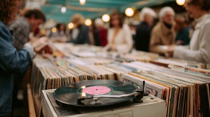 Record enthusiasts browse vinyl records at a busy market during the day in a vibrant shopping environment