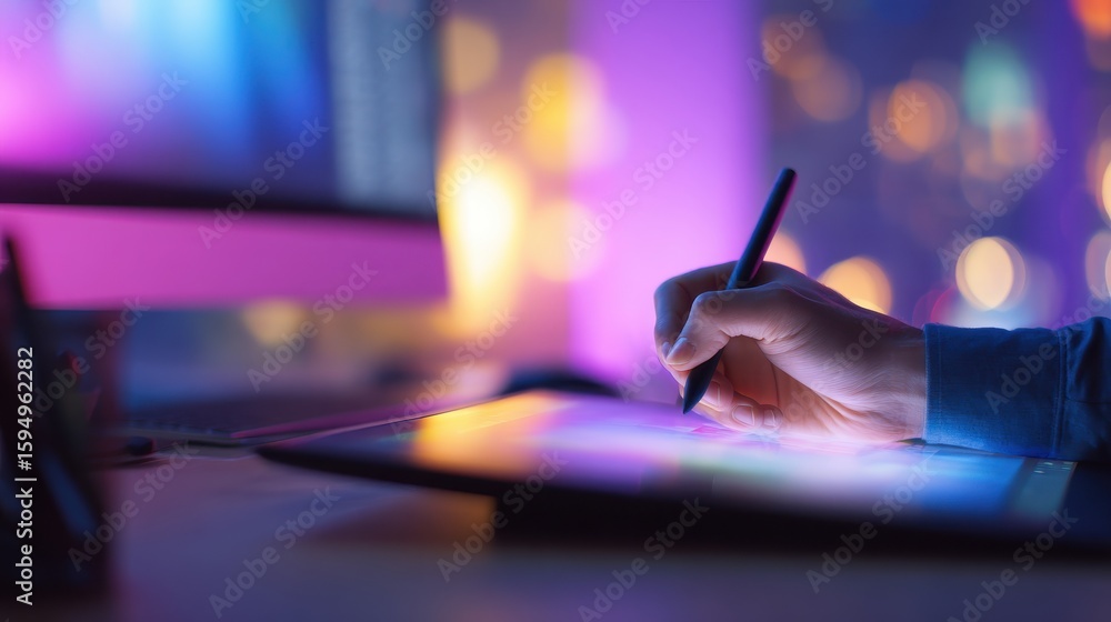 Aufkleber artist creating digital artwork on tablet with colorful bokeh background in studio