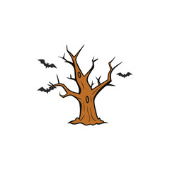 Haunted tree with flying bats and glowing cracks