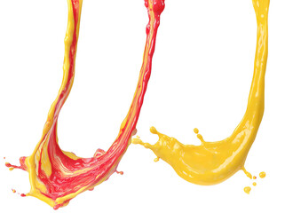 Banana juice tomato flying fall down, yellow red banana juice wave explode. Yellow red paint color splash throwing in Air. White background Isolated high speed shutter, throwing freeze stop motion