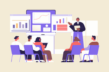 Business presentation teamwork strategy training growth meeting collaboration data analysis chart group learning lecture