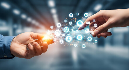 Two hands connect, bridging a digital gap with glowing social media icons.