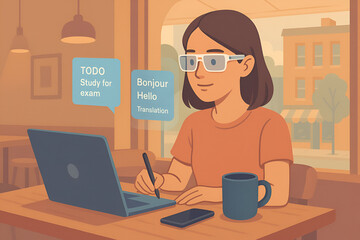 Futuristic illustration of a young woman using augmented reality glasses and a laptop in a cozy café, studying and multitasking.