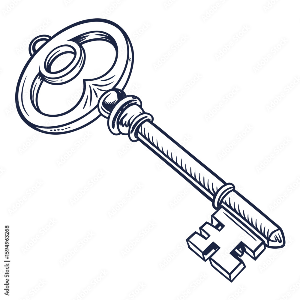 Poster simple key with single hole, isolated on a clean background for access or solution.
