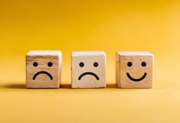 Emotion blocks with sad and happy faces on yellow background

