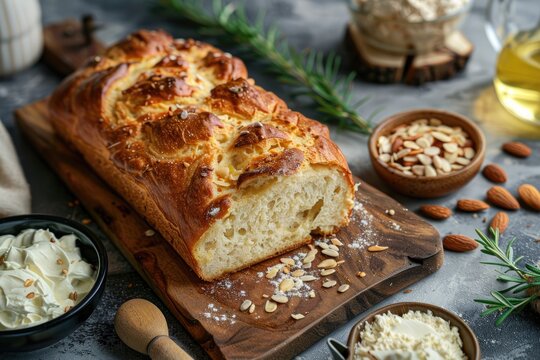 microwavable almond flour quick bread loaf baked with cream cheese and nuts, rustic homemade bread sliced on wooden board for gluten free keto friendly baking food photography