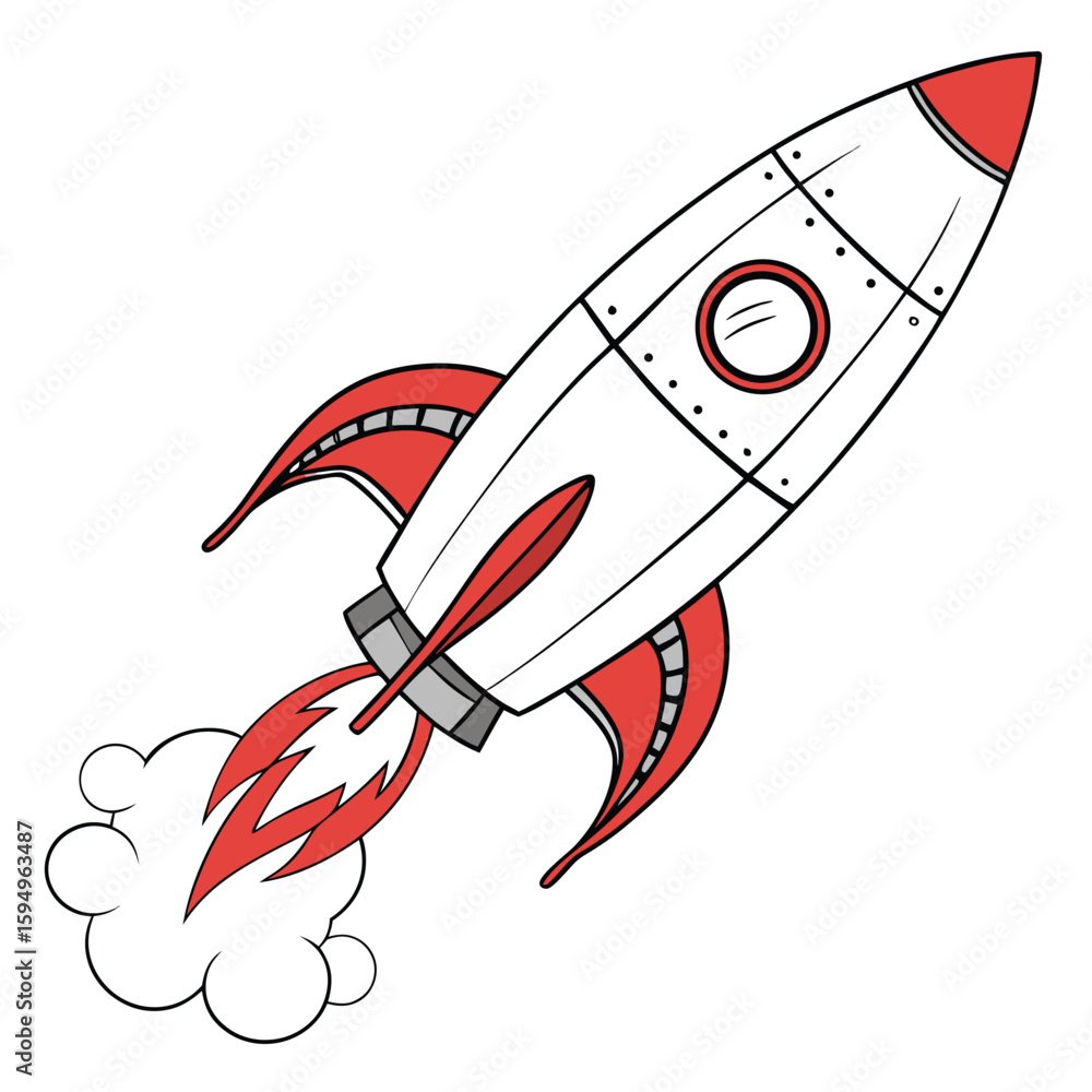Poster simplistic rocket ship ascending with red flame, isolated for space or progress concepts.