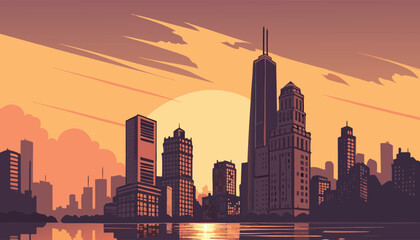 Fototapeta premium Urban City Skyline at Sunset with Water Reflection