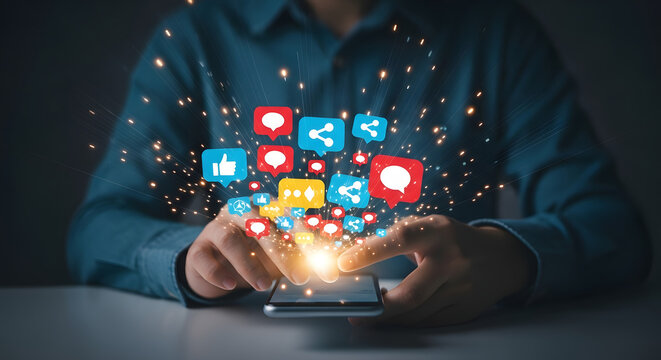 Person's hands hold a smartphone, emanating vibrant social media icons and sparks, symbolizing online engagement and interaction. - Powered by Adobe